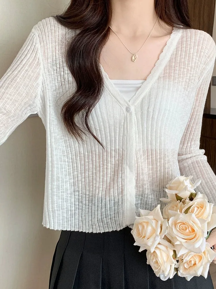 Sommer lose gestrickte Eis Seide lange Sve offene Strickjacke Damen Klimaanlage Top dünne Sonnenschutz V-Ne Casual Sle