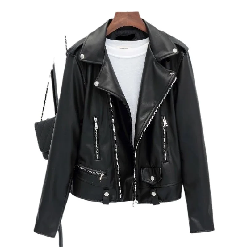 Leather Jacket Woman Lapels Zip Long Sleeves Coats Motorcycle Jacket Spliced Tops Fashion Metal Decoration Designs Women's Coat