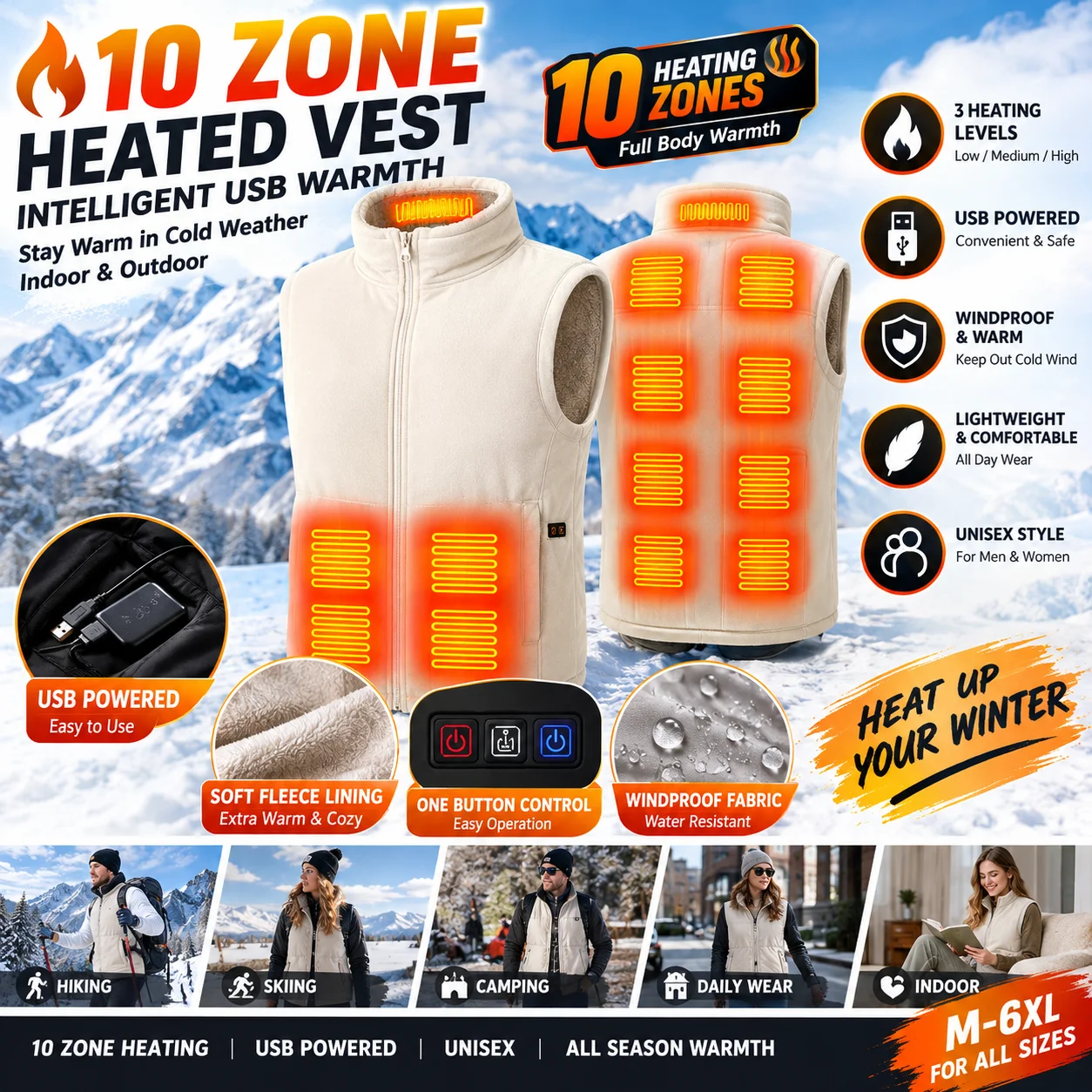 Zone 10 Heated Vest Intelligent USB Warmth Fleece Winter Women's Style Electric Heating Vest Unisex Outdoor Indoor Sports Jacket