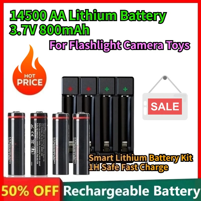 14500 AA Lithium Battery 3.7V 800mAh 4PCS with Battery Box for Remote Control Mouse Fan Flashlight A-grade Battery Cell