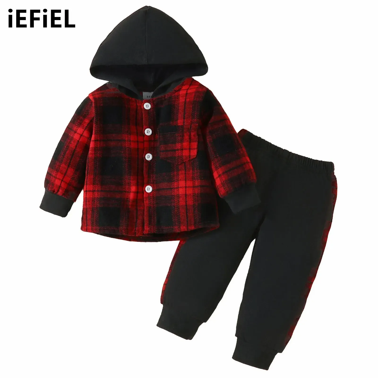 

Toddler Baby Boys Sports Outfit Long Sleeve Hooded Button Down Plaid Tops with Elastic Waistband Pants for Winter