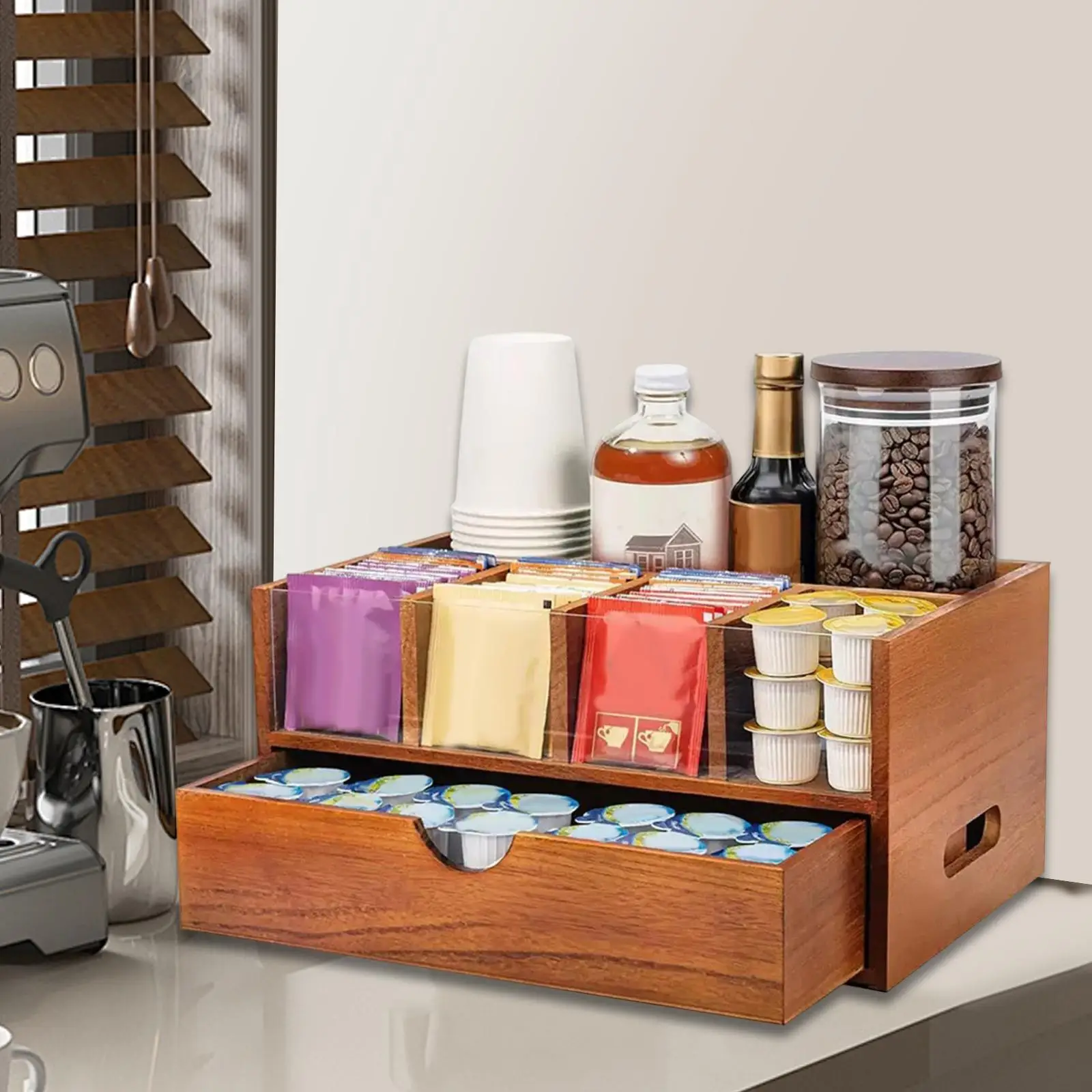 

Coffee Bar Organizer Rustic Wood Versatile Tea Condiment Storage Holder Storage Rack for Desk, Office, Kitchen, Cafe, Cups