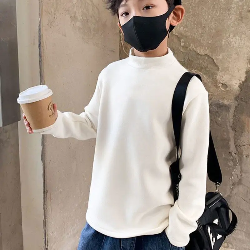 New Baby Boys T shirt Fashion Autumn Winter Solid Thermal Long Sleeve Casual High Collar Thin Velvet Heating Tops 6 8 10 12 Year