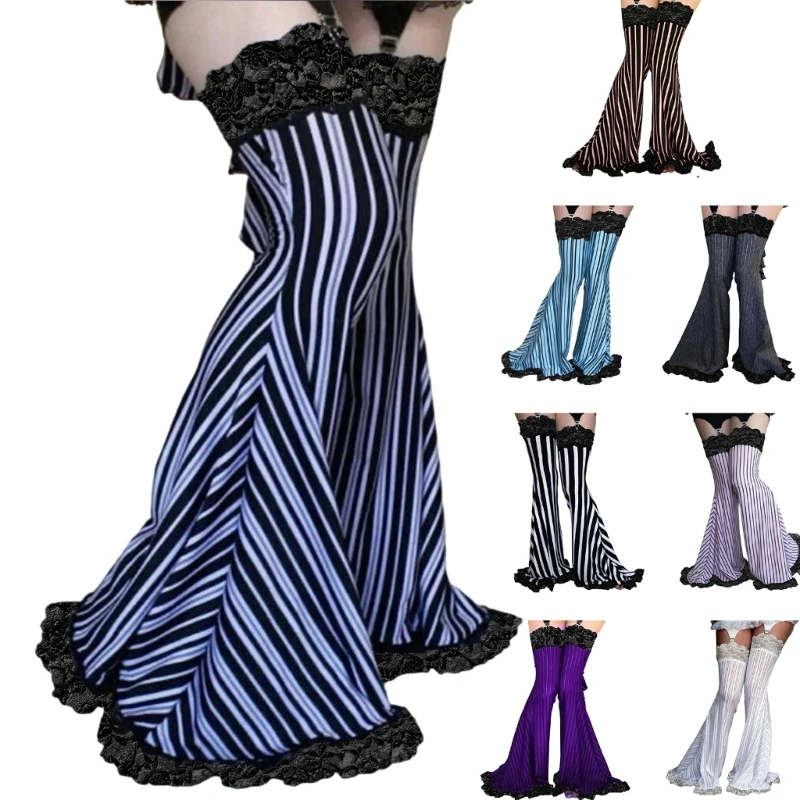 Lace Trim Thigh High Leg Covers for Women Striped Print Flared Over-the-Knee Leg Warmers Stockings with Soft Drape Look for D0UB