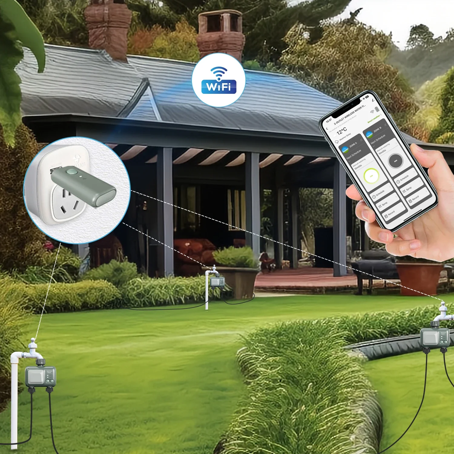 Tuya Wifi Sprinkler Timer 2 Zone, Smart Wassers ch lauch Timer kompatibel mit Alexa und Google Regen verzögerung für Gartenhöfe und Rasenflächen