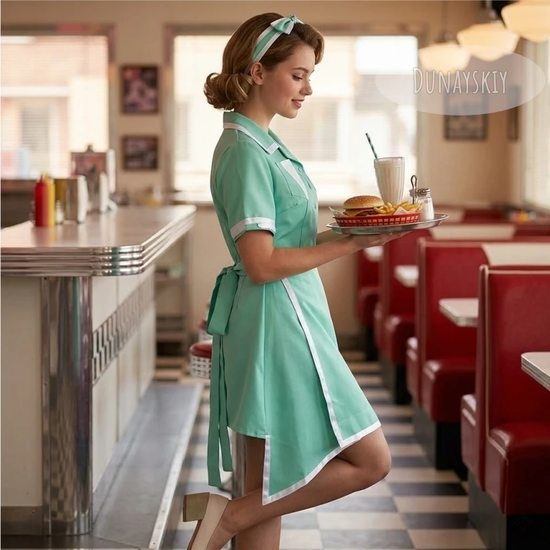 

TV Movie Twin Waitress Cosplay Costume Peak 50s Style Mint Green Diner Dress With Apro Woman Clothes Christmas Halloween Horro