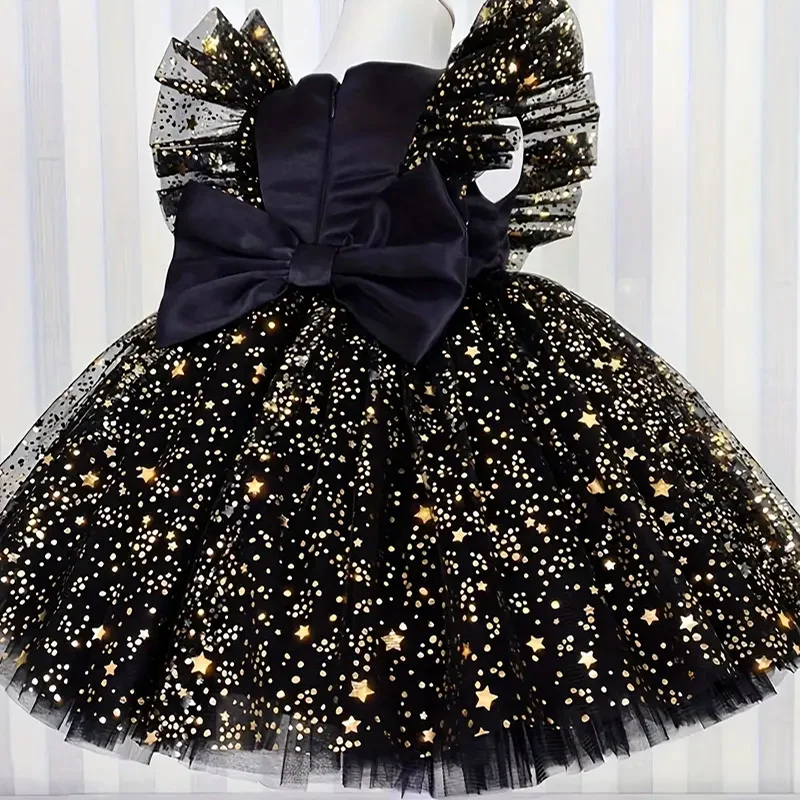 Abito da principessa con fiocco e maniche volanti con paillettes a stella di lusso per neonate per neonato, primo anno, compleanno, battesimo, Natale, abito da ballo