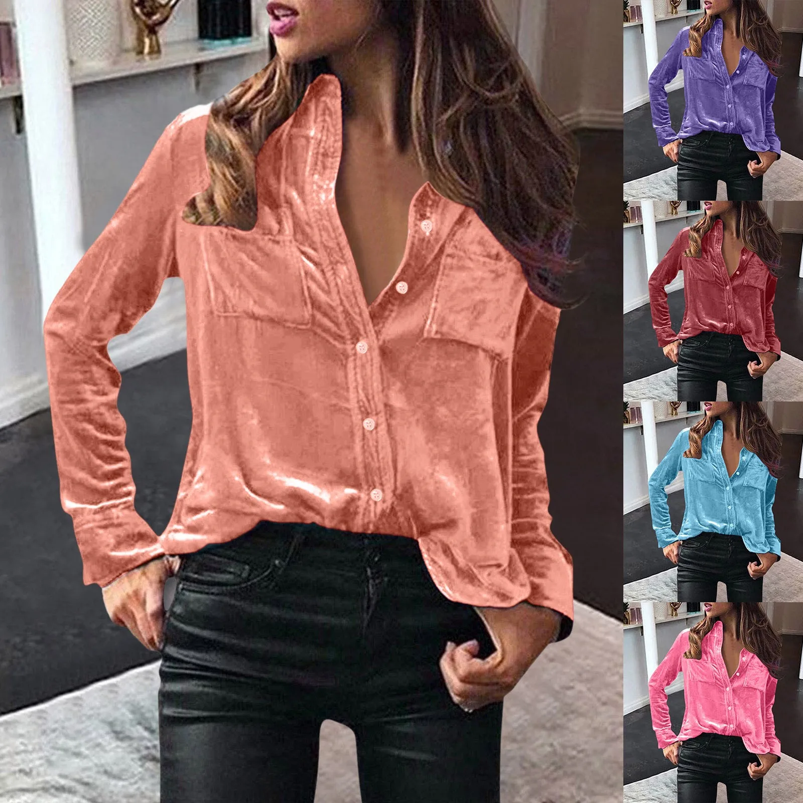 Women\'s Spring Autumn New Fashion Elegant Polo Collar Long Sleeved Solid Color Shirt Casual Versatile Commuting Comfortable Tops