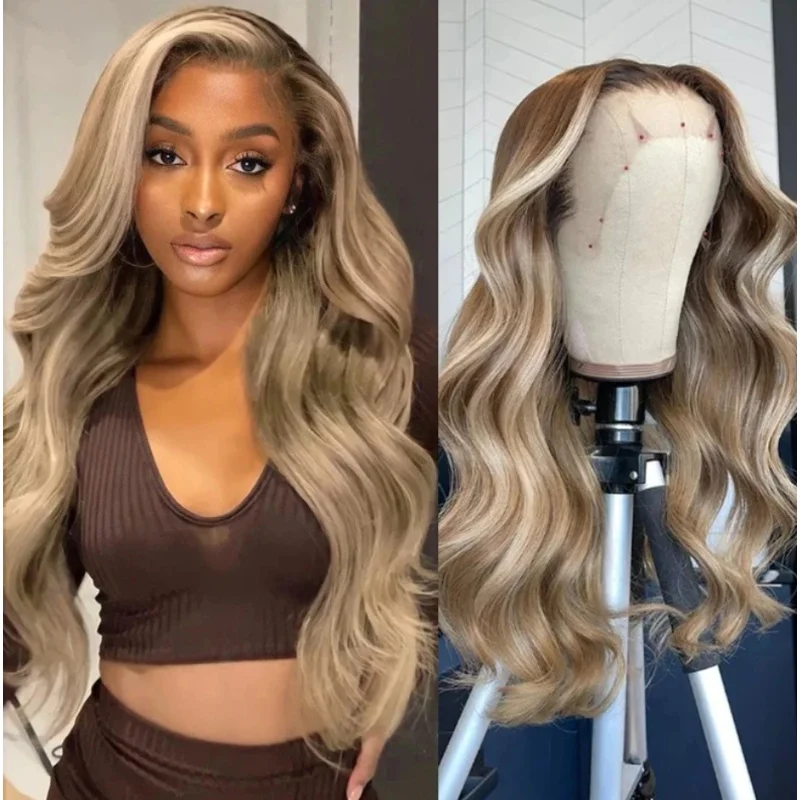 

22 Inches Ombre Blonde Brown Body Wave Synthetic Lace Front Wig Realistic Hairline Wig For Women Alopecia Hairlos Natural Wig