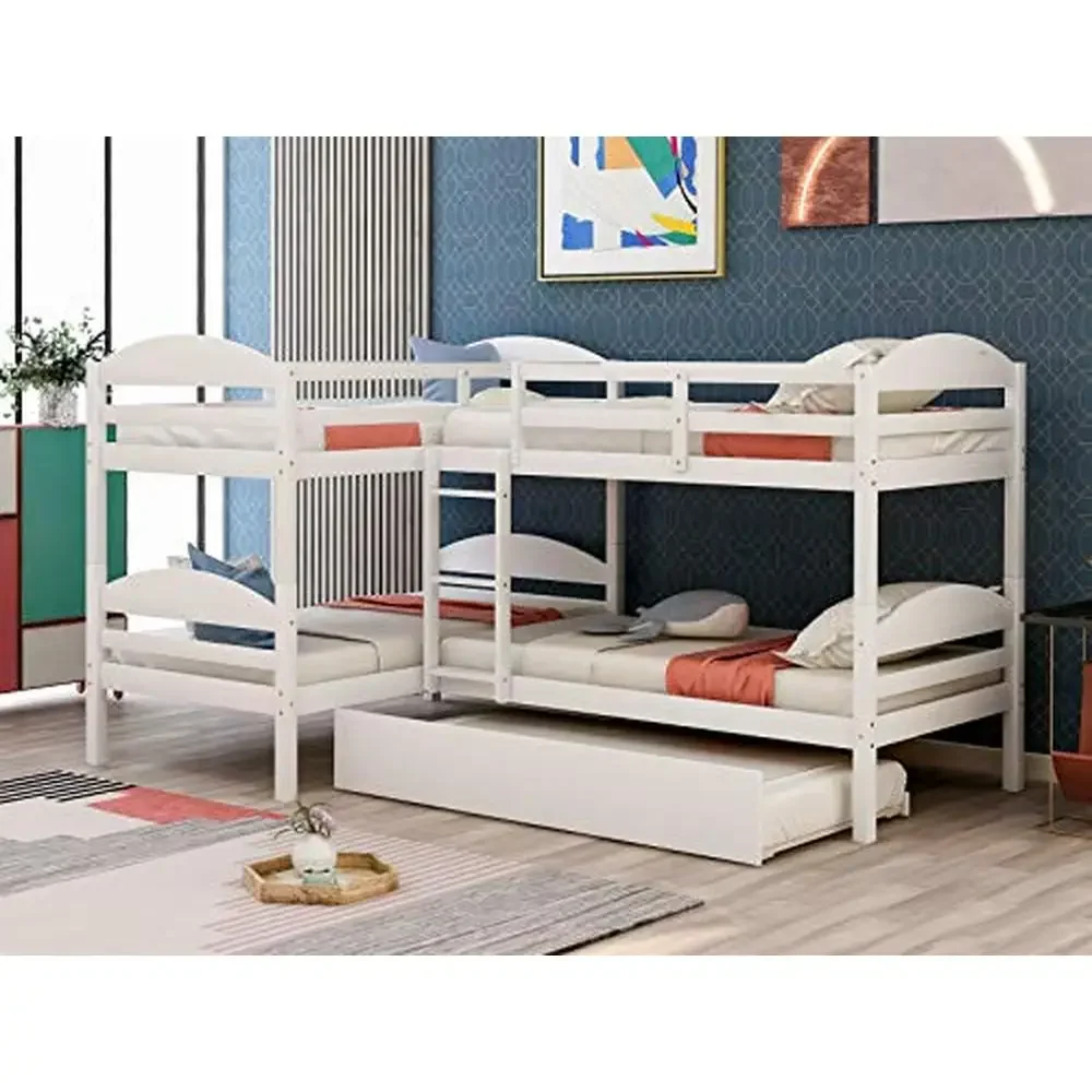 Twin Over Twin Bunk Bed with Trundle L-Shape Quad Bunk Bed Frame Adults Kids Teens Solid Pine Wood White Sturdy Slats Modern