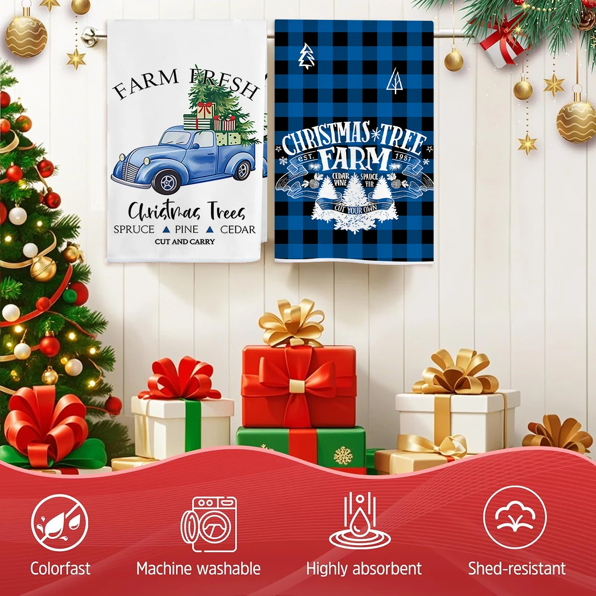 2/4 قطعة مناشف مطبخ عيد الميلاد، أزرق أسود شبكة الجاموس مزرعة شجرة عيد الميلاد شاحنة نمط أطباق، منشفة سهلة التنظيف #6