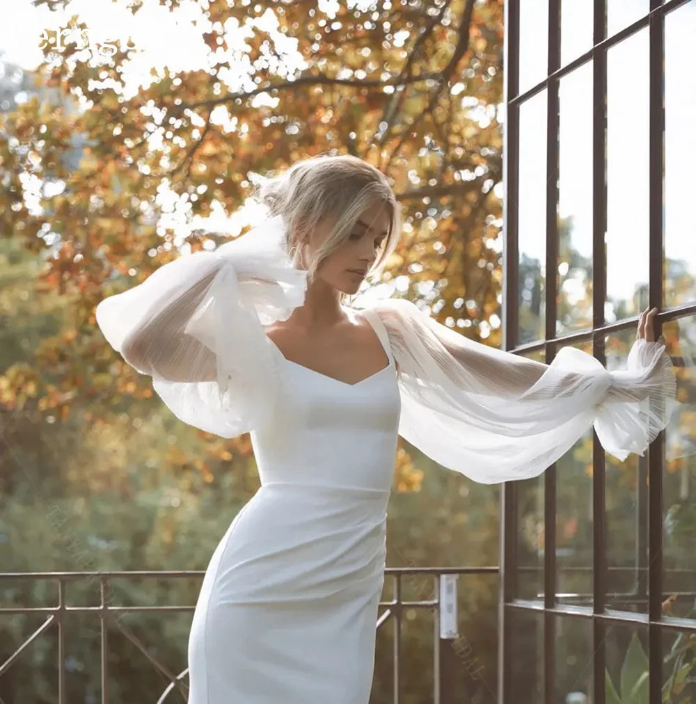 Verngo lvory Crepe Wedding Dress Sweetheart Mermaid Full Sleeves Bridal Gowns Simple Slim Bride Dresses For Women Customized