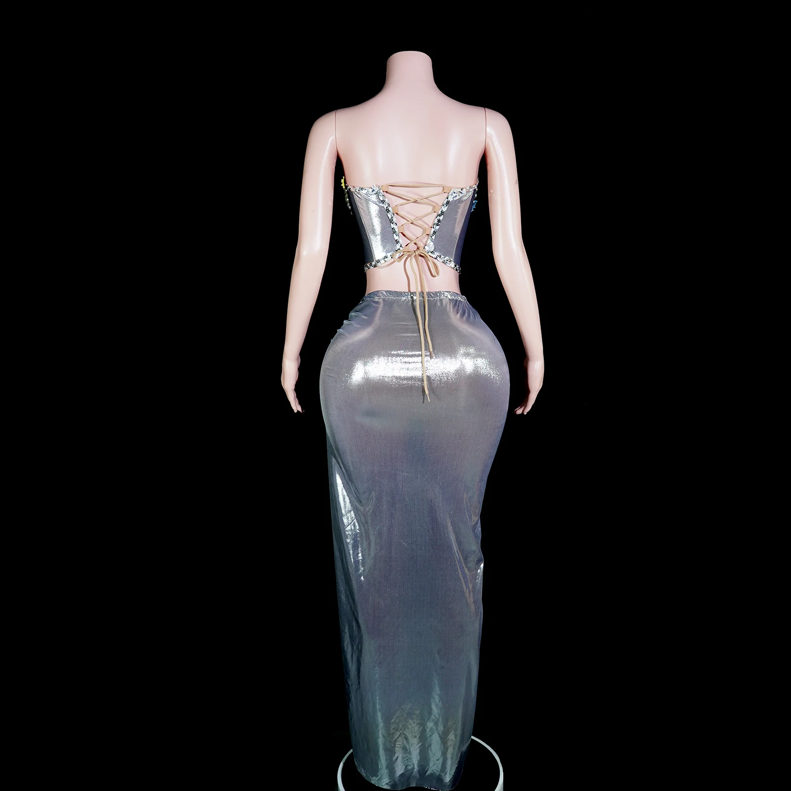 エキゾチックなドレス、セクシーなトップスとスカート、グリッドスパンコール、クリスタル、結婚式、誕生日パーティー、クラブ、ドラァグクイーンの衣装、ステージパフォーマンス