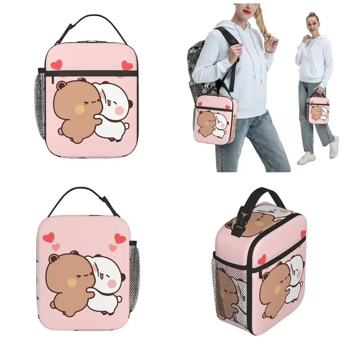 Panda Brownie Bear Couple Thermal Insulated Lunch Bag for Office Mochi Cat Portable Food Bag Container Thermal Cooler Lunch Box