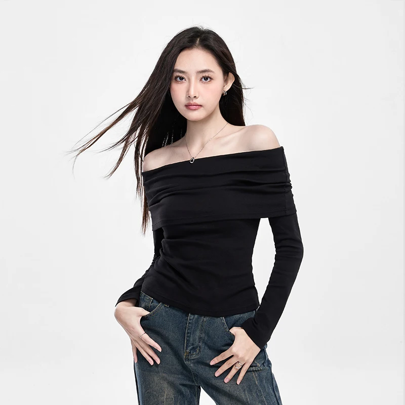 One-shoulder Black Strapless Bottom Women Autumn Long Sleeve Knitted Thread Slim Slim Top Simple Sexy