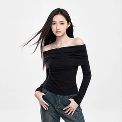 One- Shoulder Black Strapless Bottom Women Autumn Winter Long Sleeve Knitted Thread Slim Slimming Top Slim Soft