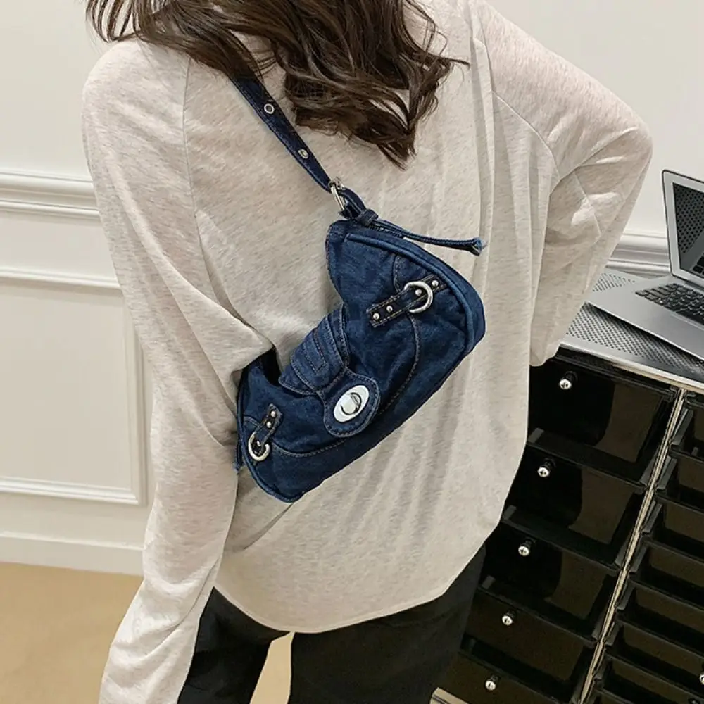 

Simple Y2K Retro Denim Shoulder Bag Underarm Bag Fashion Denim Handbag Korean Spicy Girl Cloth Armpit Bag Streetwear