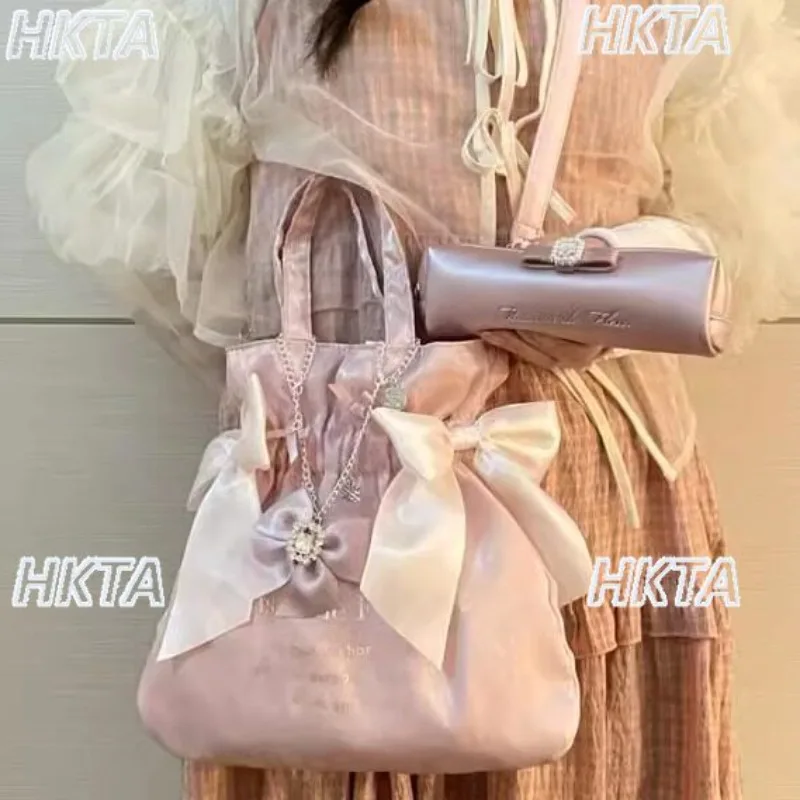 Japanese 2026 New Cute Bow Messenger Bag Sweet Lolita Kawaii Casual Large Capacity Alphabet Printed Tote Bags Backpacks Women