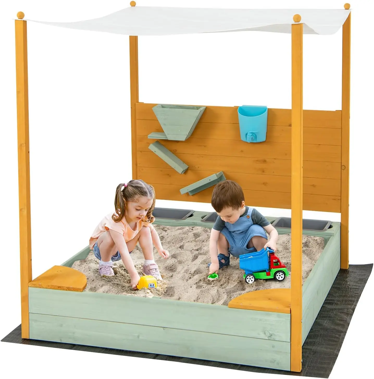 Kids Sandbox with Sand Wall, Wooden Sandpit w/Removable Canopy, Water Bucket, Storage Bins, 2 Corner Seats & Bottom Liner, Outdo