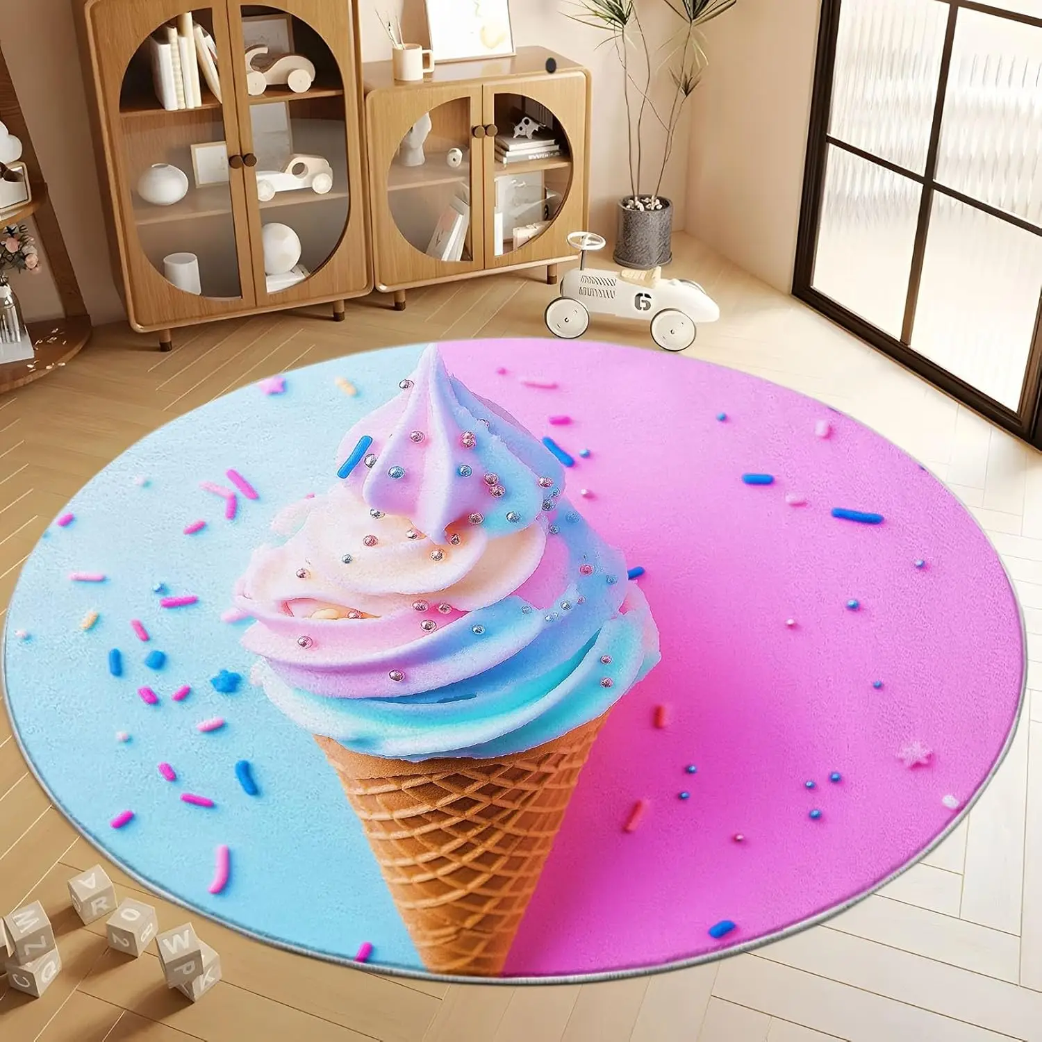 

Cartoon Ice Cream Vortex Print Round Area Rug, Powder Blue Washable Circular Carpet Runner - Non Slip Circle Rug Carpet Mat