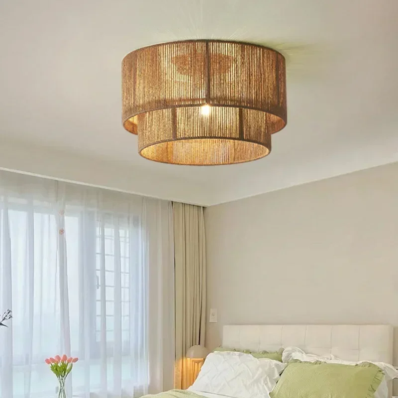 Japan Rustic Chandelier Hemp Rope Weaving Ceiling Light Living Room Bedroom Retro Ceiling Lamp for Room Decor Mood Light