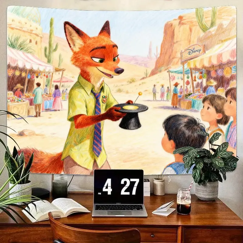 

1 шт. Зверополис Ник Уайльд Фокс Волшебник Гобелен Современный полиэстер Настенное искусство Гостиная Спальня Детский декор Подарок для фанатов Диснея