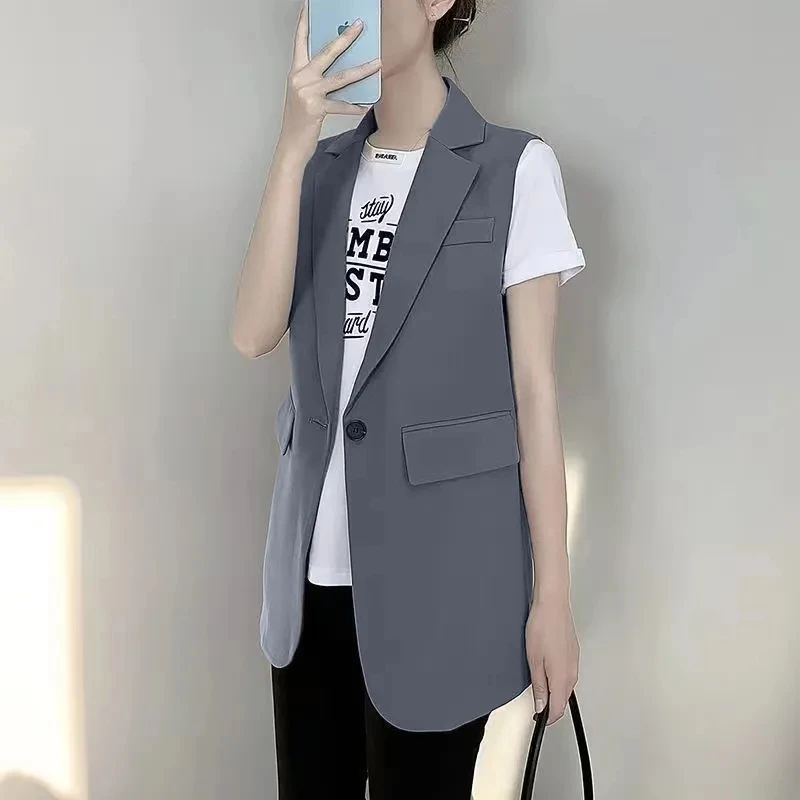 2025 여성 봄 여름 정장 조끼 자켓 여성용 가을 중간 길이 민소매 양복 조끼 정장 조끼 한국 느슨한 조끼 블레이저