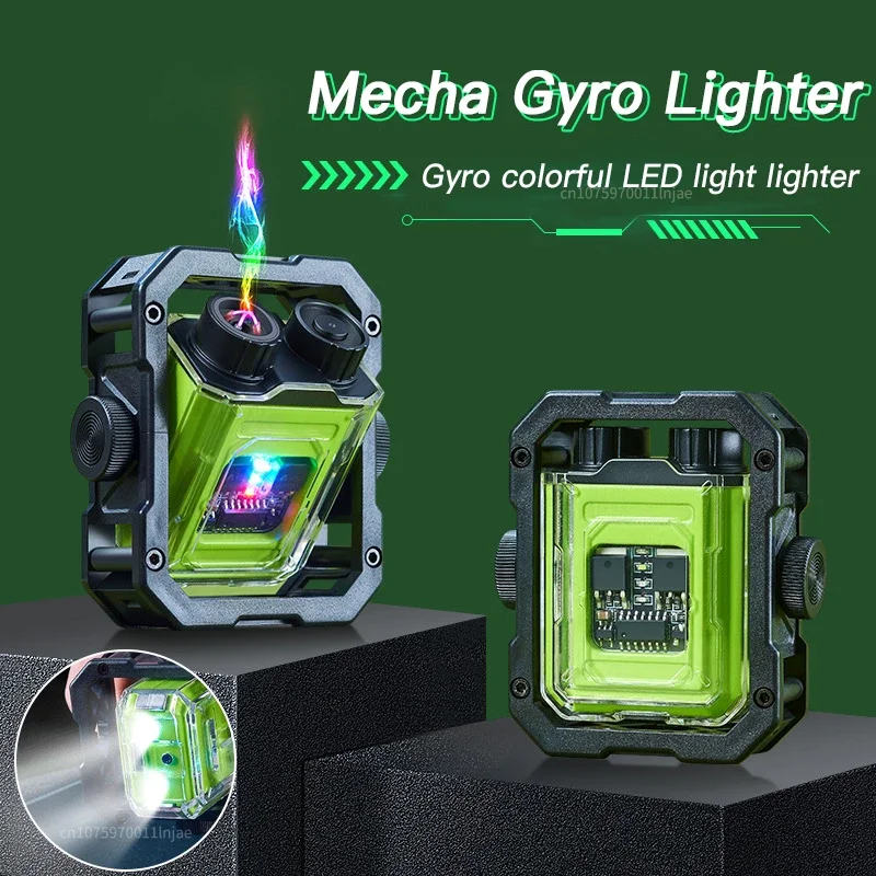 2024 Mecha Style Metal Decompression Gyro Lighter Cool LED Lantern Outdoor Windproof Double Arc Lighter Men\'s Tools Wholesale