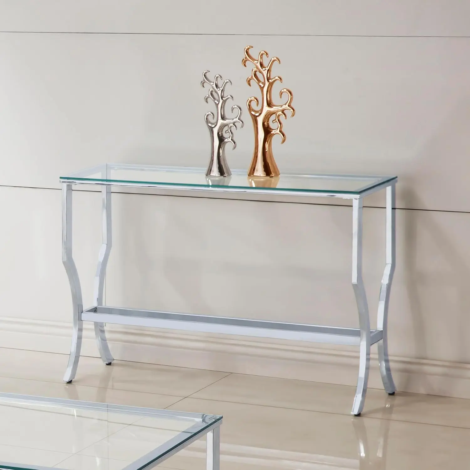 Glass Console Table Chrome Finish Clear Tempered Glass 43.5