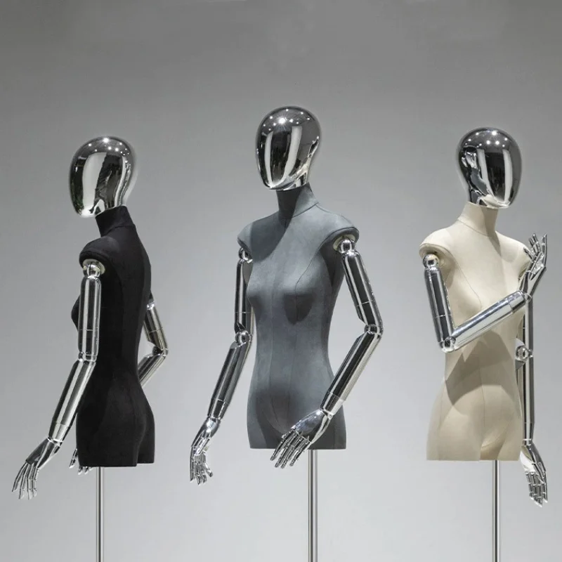 Luxury Dress Form Mannequin Silver Arm Women Velvet Half Body Mannequin Female with Silver Head For Clothes Store Window Display