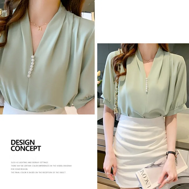 Women Summer Style Blouses Shirts Lady Casual Short Puff Sleeve V-Neck Beading Decor Blusas Tops WY1035