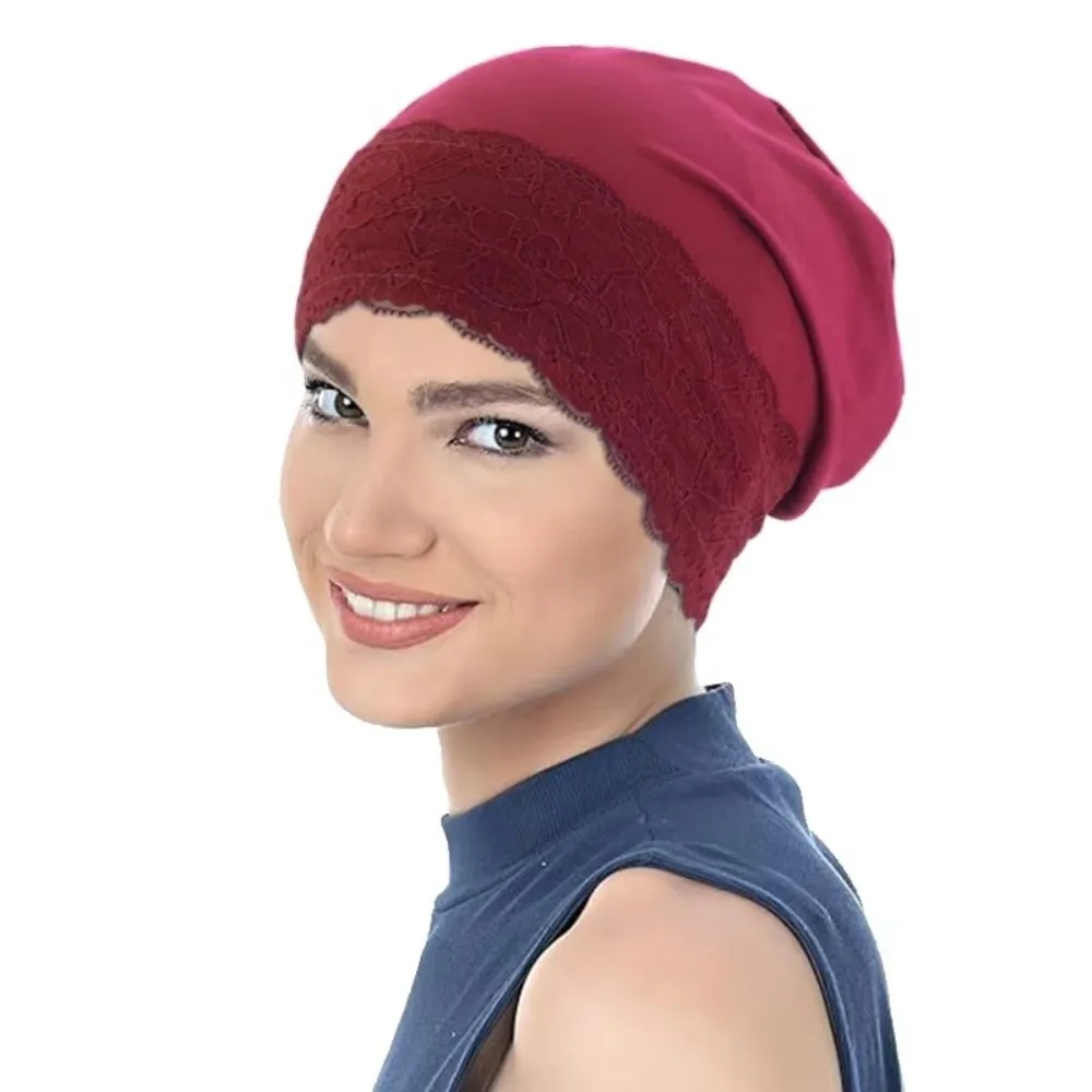 Lace Trim Slouchy Beanie Soft Elastic Stretch Fit Sleep Cap Lightweight Design Breathable Fabric Head Cover For Women