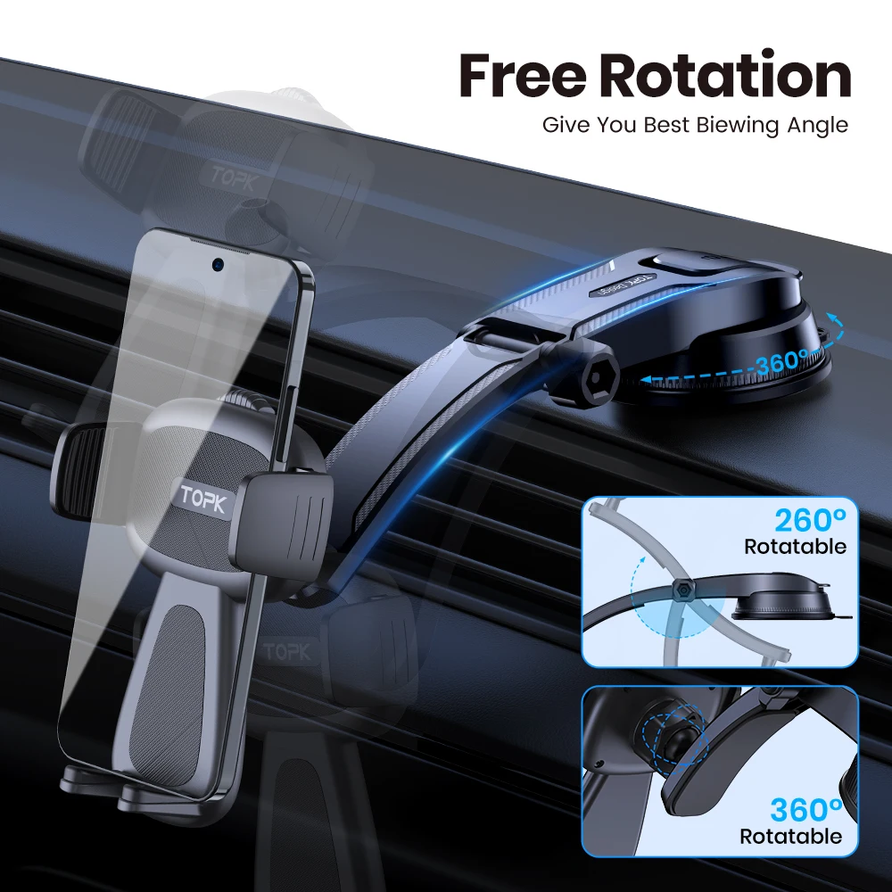 TOPK Car Phone Mount,Upgraded Support Full-Range Adjustment Cell Phone Holder for Dashboard Hands-Free Automobile for Smartphone