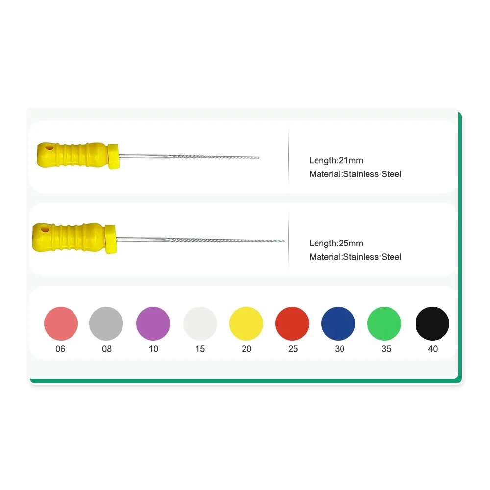 Arquivos K de aço inoxidável para odontologia, instrumento de tratamento endodôntico, limas de canal radicular, uso manual dentário, 21mm, 25mm, 6 unidades por pacote