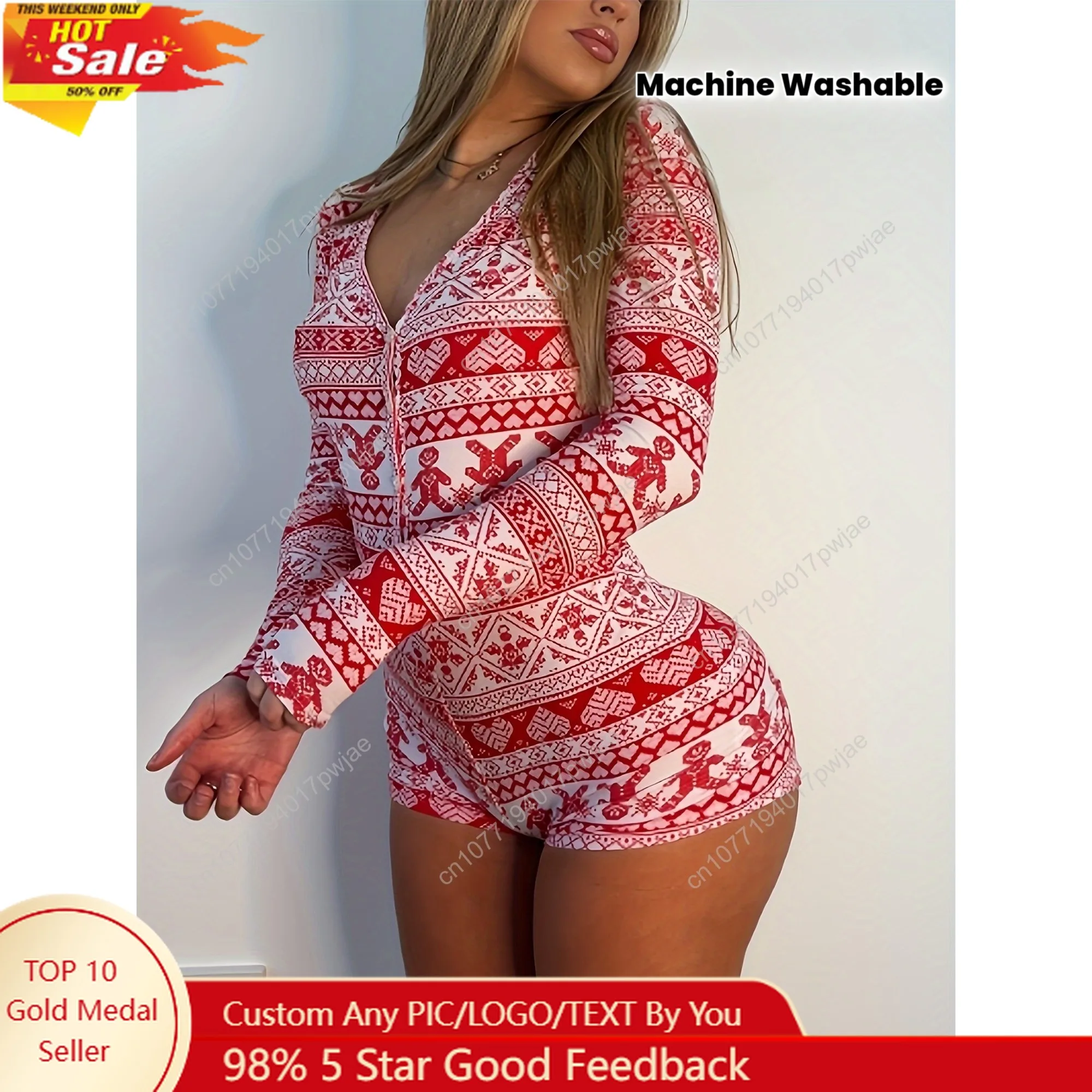 Body feminino sexy com estampa de floco de neve vermelho e branco – macacão de manga curta justo de uma peça, lavável à máquina para todas as estações O