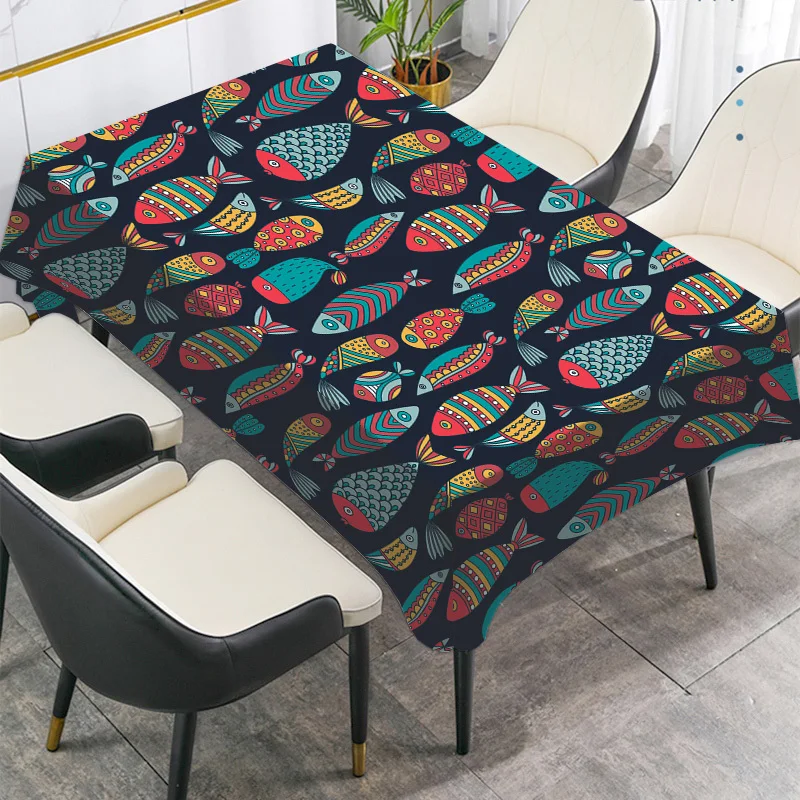 1-Pack Square Polyester Tablecloth with Vibrant Fish & Geometric Print - Machine-Washable, Durable Rectangular Table Cover