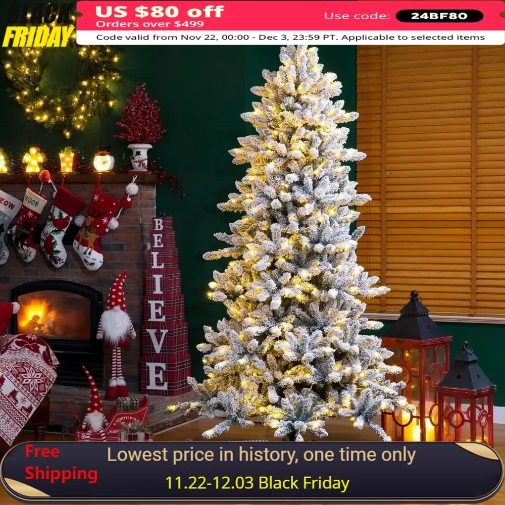 7.5ft Pre-Lit Snow Flocked Fir Christmas Tree, with 400 Warm White Lights,Christmas Trees