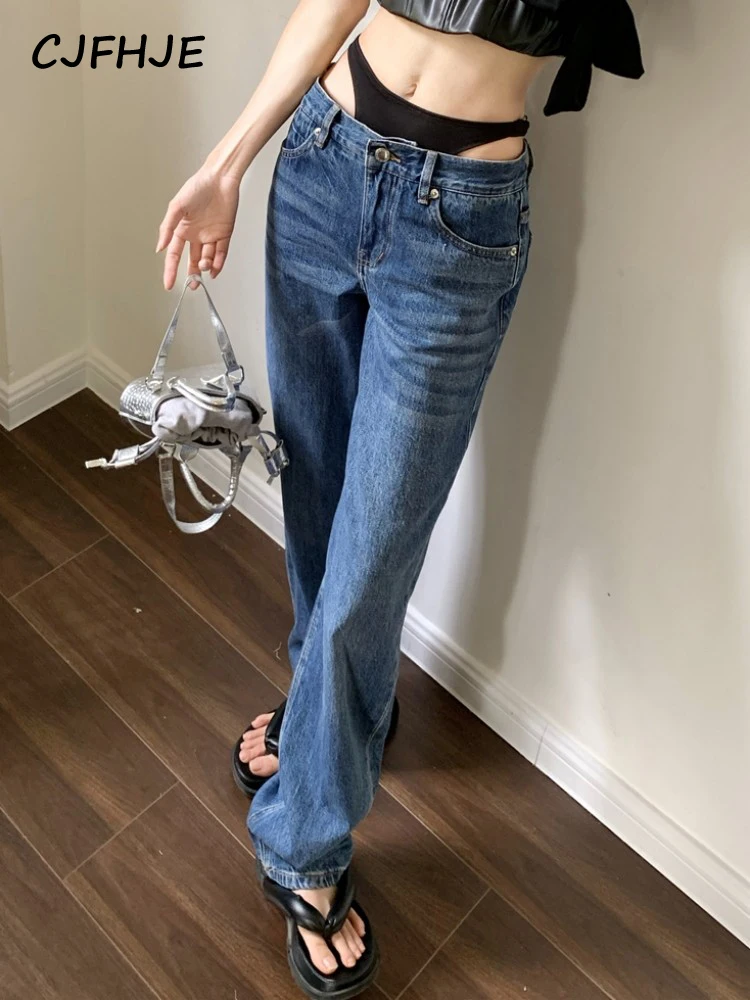 

CJFHJE Patchwork Low Waist Jeans Women Vintage Chic Hollow Out Straight Full Length Denim Pants Streetwear Blue Casual Jeans Y2k