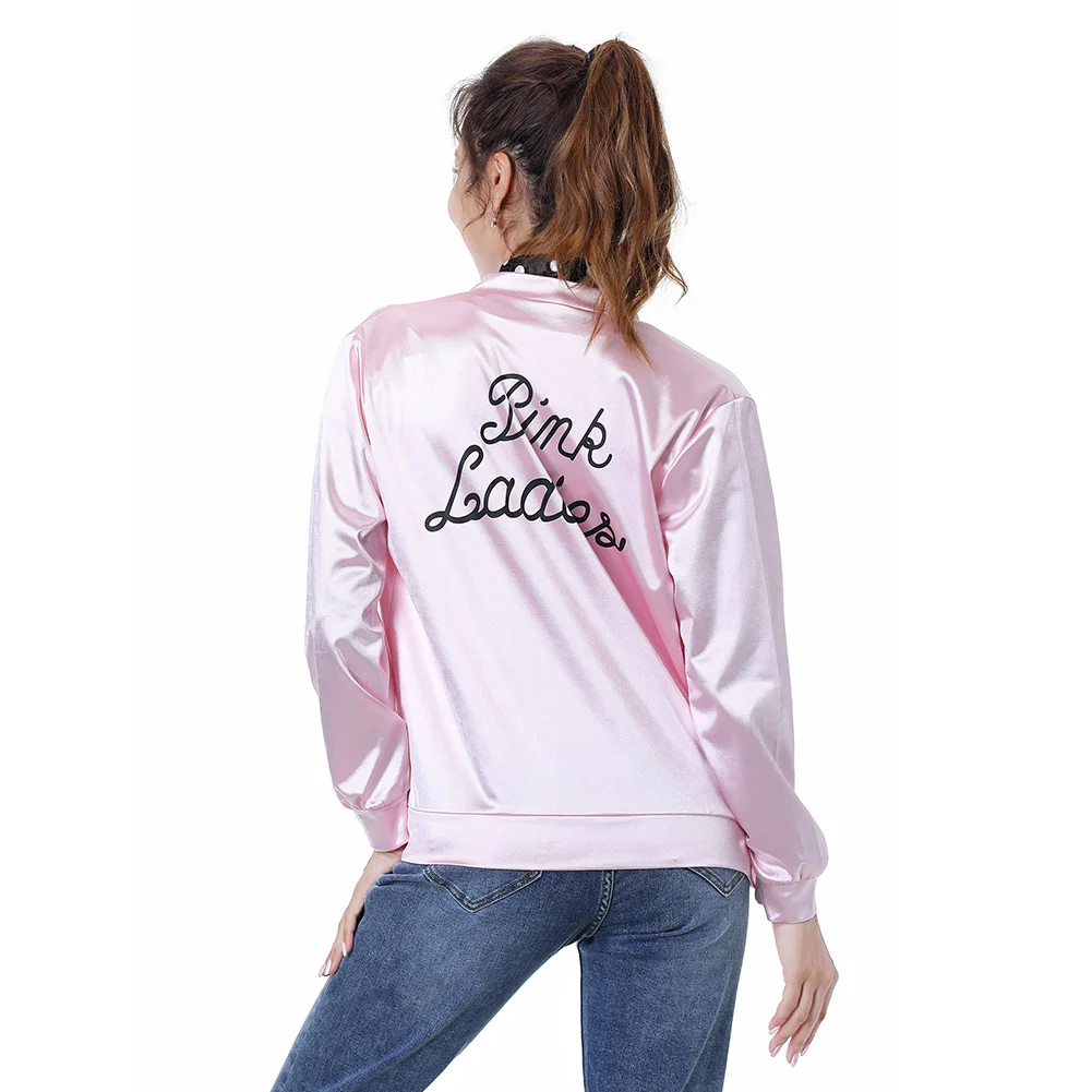 Grease Fantasy Cosplay Costume para Mulheres, Lady Jacket, Roupa rosa, Casaco de cetim feminino, Role Play, Party Cloth, Dia das Bruxas, Crianças, Meninas