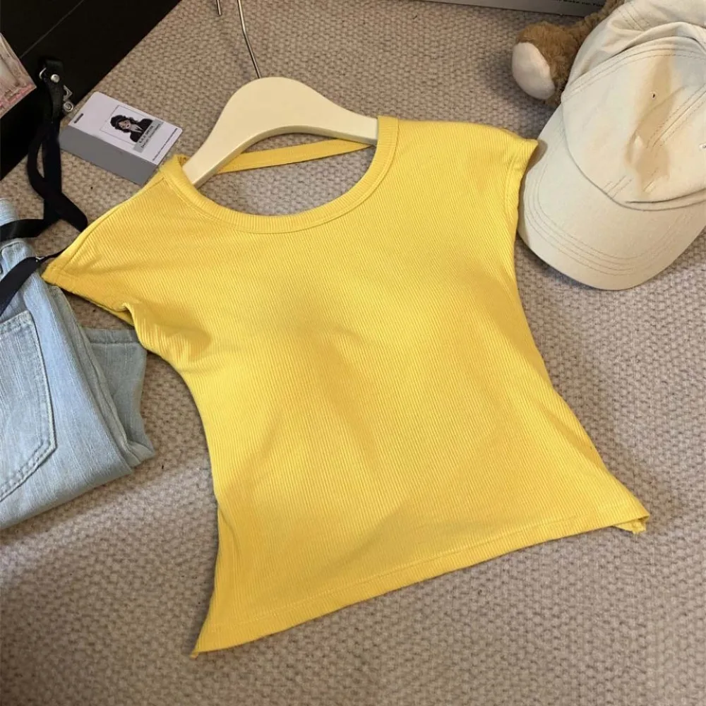 

All-match Hollow out Beauty Back T-shirt Short Sleeve Y2k Slim Crop Tops Round Neck Bottoming Shirts Vest with Pads Woman