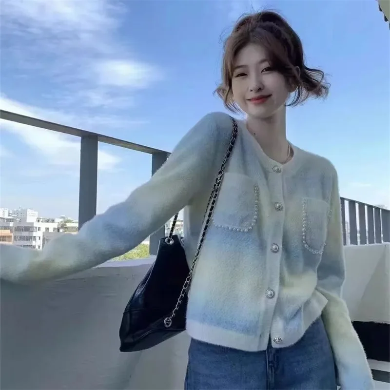 2026 French Gentle Gradient Design Jacket Women's Nail Bead Autumn And Winter Chic Soft Glutinous Knitted Cardigan Yellow