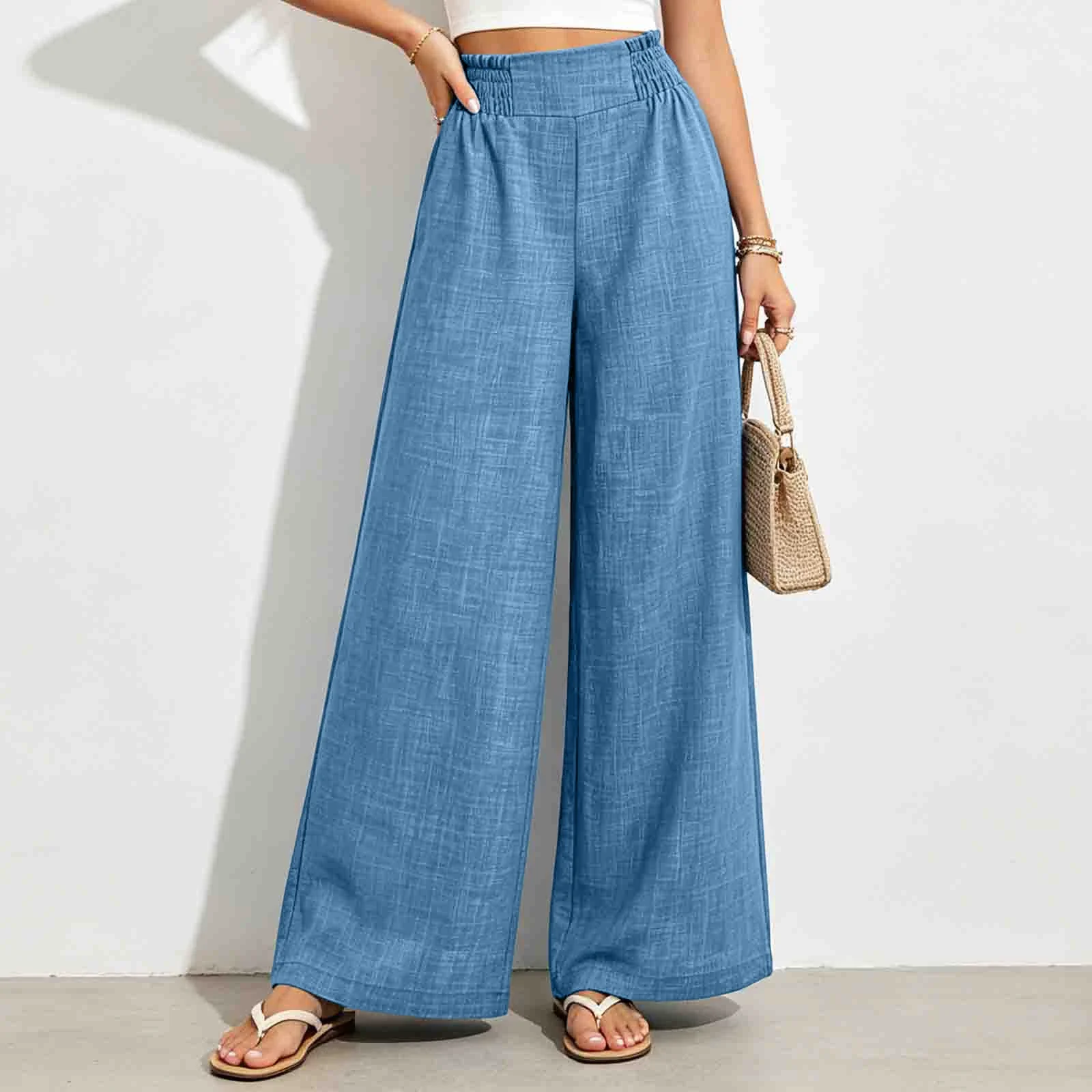 Damen Mode Lässige Einfarbige Taillierte Elastische Weite Hose Frühling Lange Hose Lose Elegante Hose Büro-Damen Urlaub Damen-Hosen