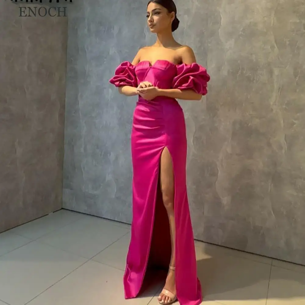 

ENOCH Simple Side Split Evening Dresses Sweetheart Puff Sleeves Backless Pleat Satin Prom Gown Floor Length Robes De Soirée New