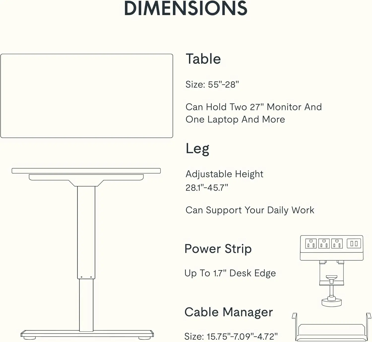 EN2 Whole-Piece Standing Desk with Clamp Power Strip 55 x 28 Electric Stand Up Height Adjustable Desk with Cable Management