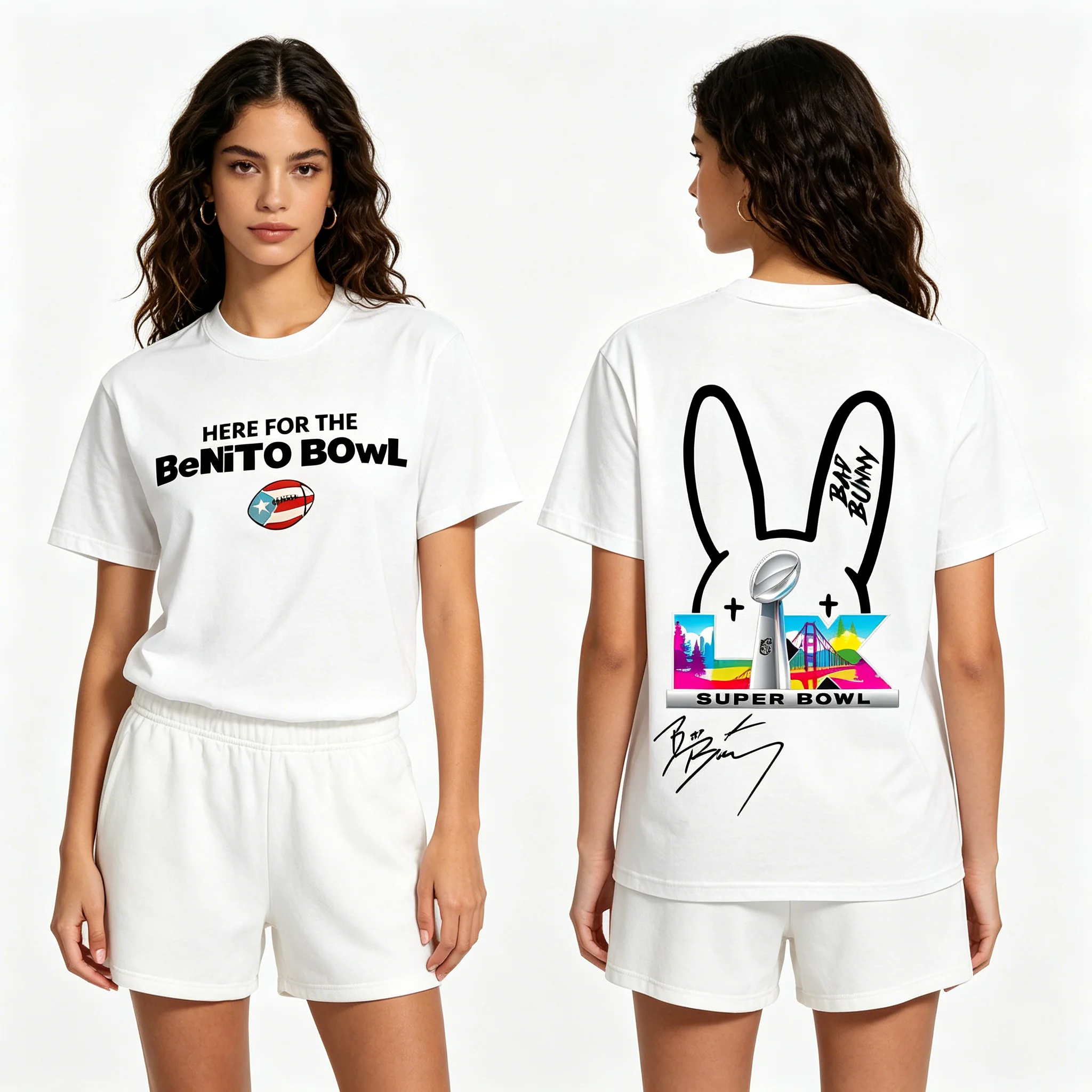 Herren-T-Shirt, Damen-T-Shirt, Jungen- und Mädchen-Top, Erwachsene, Kinder, Eltern-Kind-T-Shirt aus Baumwolle, Bad Bunny Super Bowl LX Benito Bowl Loose
