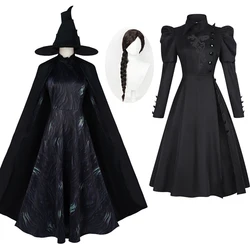 Movie Wicked Elphaba Cosplay Costume Ponytail Wig Long Cloak Dresses Hat Uniform Women Dress Braid Wigs Halloween Roleplay Outfi