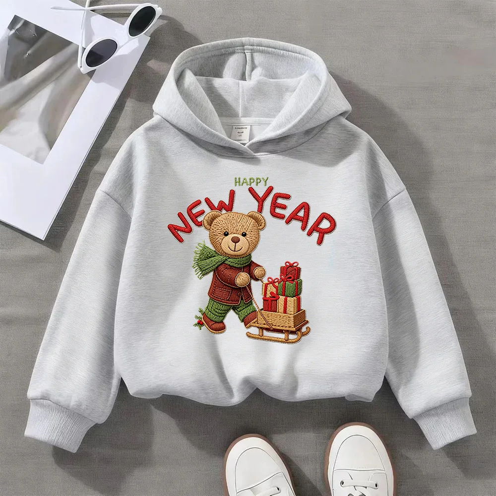 Kids Happy New Year Teddy Bear Hoodie Embroidered Bear Sled Gifts Pullover 3-14Y
