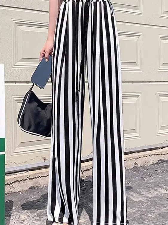 特大サイズ レディース カジュアル ハイウエスト ルーズ アイスシルク ワイドレッグパンツ ストライプ柄 夏 着痩せ 快適 ストレートカット トロ...