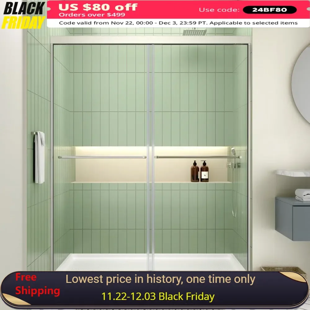 Shower Door, 44-48 in. W X 70 in. H, Semi-Frameless Double Sliding Doors, SGCC Tempered Glass, Bathroom Shower Door