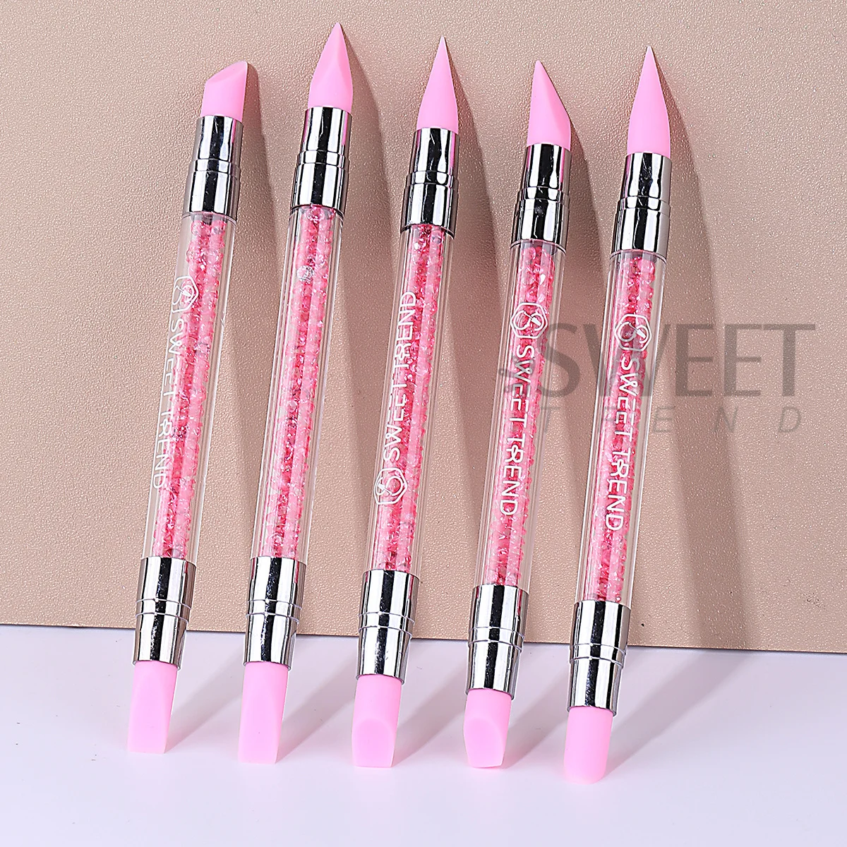 ปากกาซิลิโคนสองหัวสีชมพู 5 ชิ้น สำหรับปั้นเล็บ 3 มิติ วาดลายดอกไม้ แปรงทาสี ด้ามจับประดับเพชร อุปกรณ์ทำเล็บ